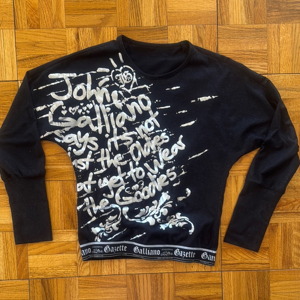 💕John Galliano Black Micro Metallic Logo Long Sleeve Top M EUC